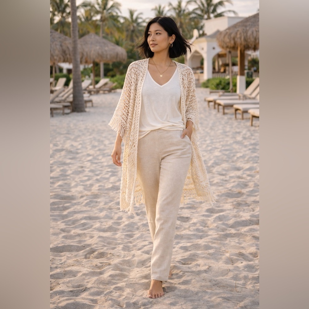 Flax Linen Pants Pull On Relaxed Waist Minimalist Size S Resort Wear Summer